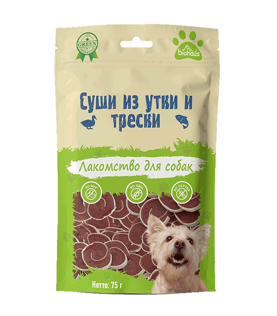 Лакомство для собак "BIOHAUS" Суши из утки и трески 75 гр