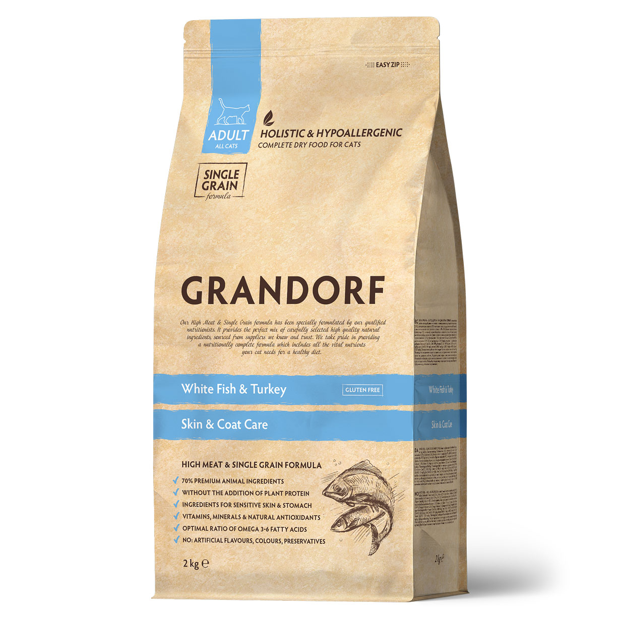 GRANDORF  2кг CAT White Fish&Turkey SKIN&CARE (белая рыба с индейкой-забота о коже и шерсти д/кошек)