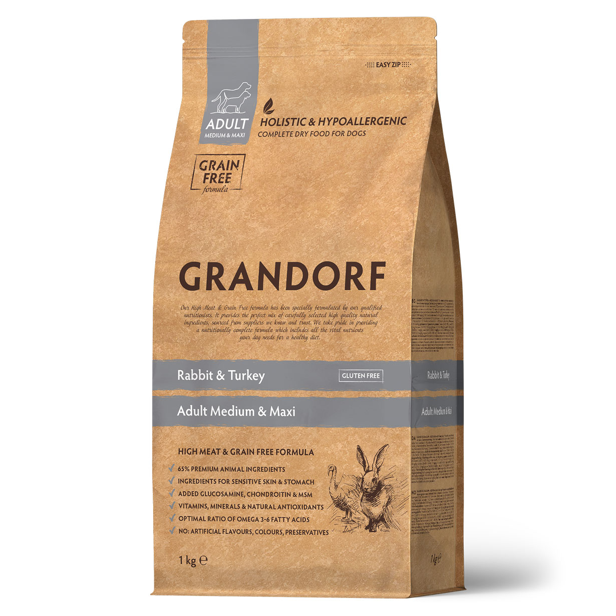GRANDORF  1кг Rabbit&Turkey MED&MAXI (кролик с индейкой для собак средних и крупных пород) 