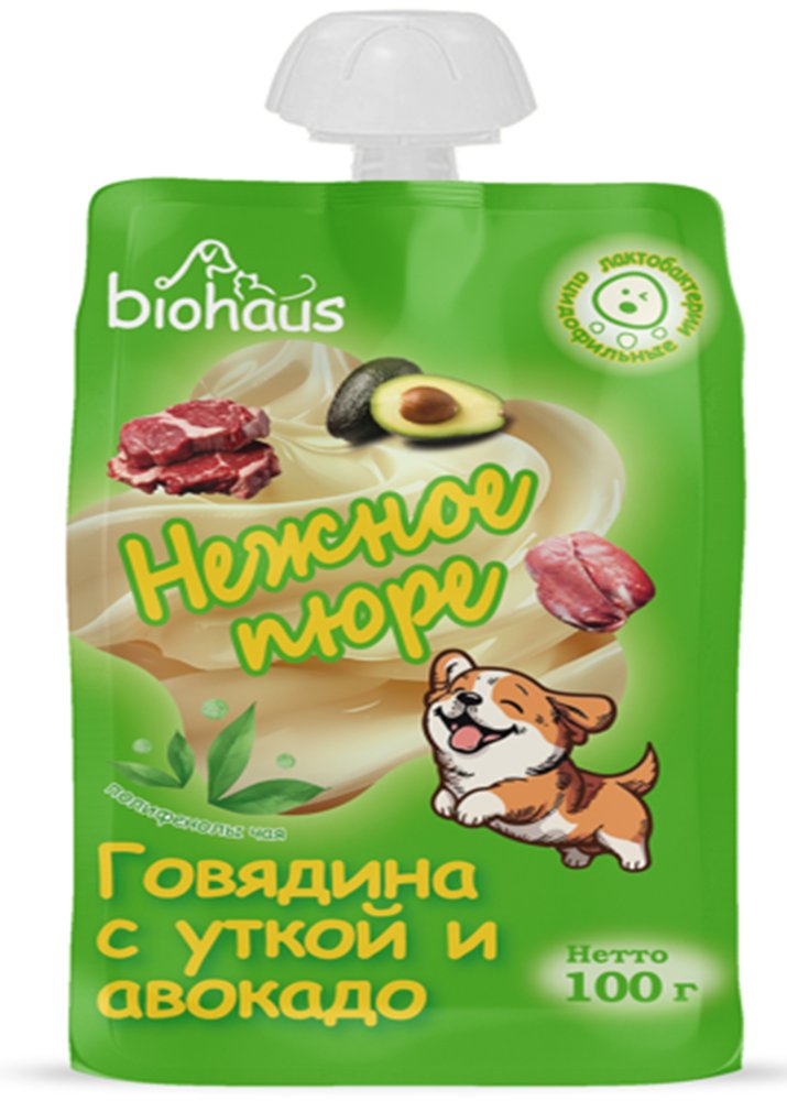 Лакомство для собак "BIOHAUS" Нежное пюре Говядина с уткой и авокадо 100 гр
