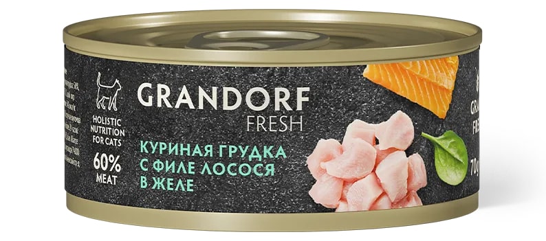 Консервы д/кошек GRANDORF Fresh Куриная грудка с филе лосося в желе 70 гр