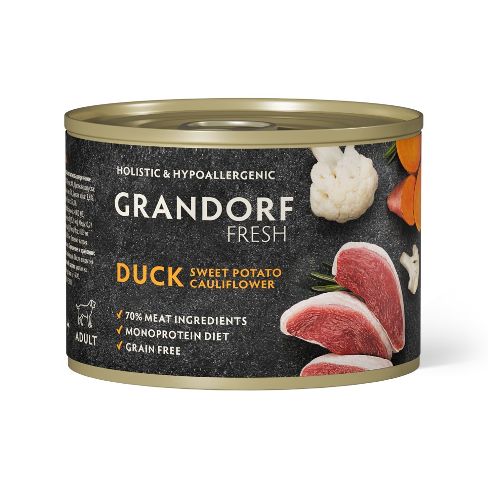 Консервы для собак GRANDORF Fresh Паштет из утки с бататом и цветной капустой 200 гр