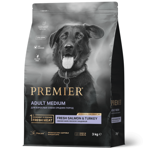Premier Dog  3кг Salmon&Turkey Adult Medium (свежее филе лосося с индейкой для собак средних пород) 