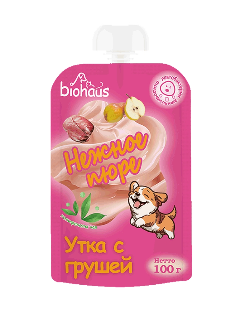 Лакомство для собак "BIOHAUS" Нежное пюре Утка с грушей 100 гр