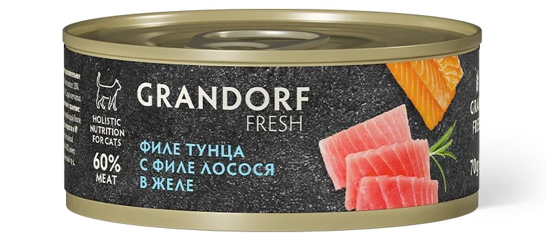 Консервы д/кошек GRANDORF Fresh Филе тунца с филе лосося в желе 70 гр