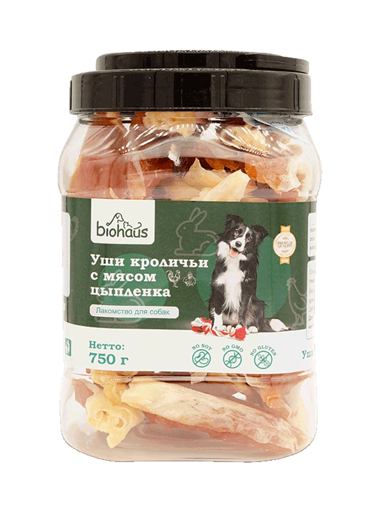 Лакомство для собак "BIOHAUS" Уши кроличьи с мясом цыпленка 750гр