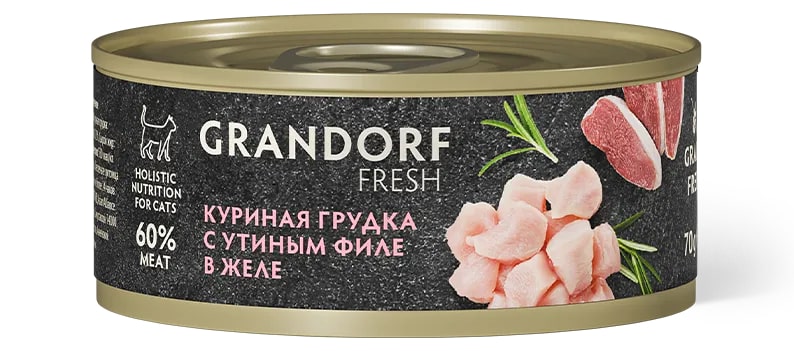 Консервы д/кошек GRANDORF Fresh Куриная грудка с утиным филе в желе 70 гр