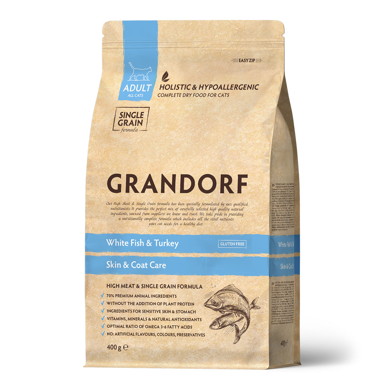 GRANDORF  0,4кг CAT White Fish&Turkey SKIN&CARE (бел.рыба с индейкой-забота о коже и шерсти д/кошек)