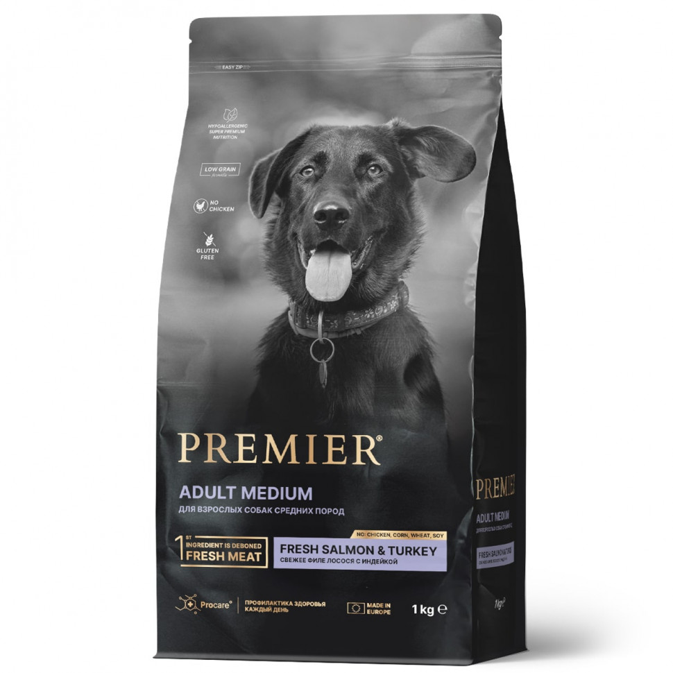 Premier Dog  1кг Salmon&Turkey Adult Medium (свежее филе лосося с индейкой для собак средних пород) 