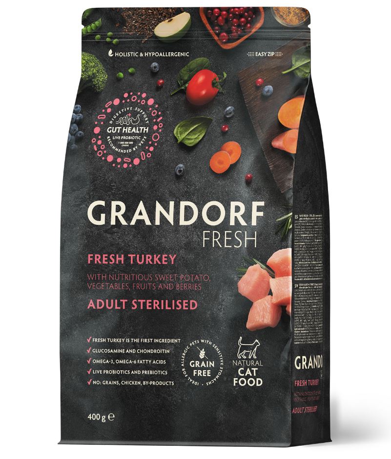 GRANDORF Fresh 0,4кг Cat STERILISED Turkey&Sweet Potato (Свежее мясо индейки с бататом д/стерил.кош)