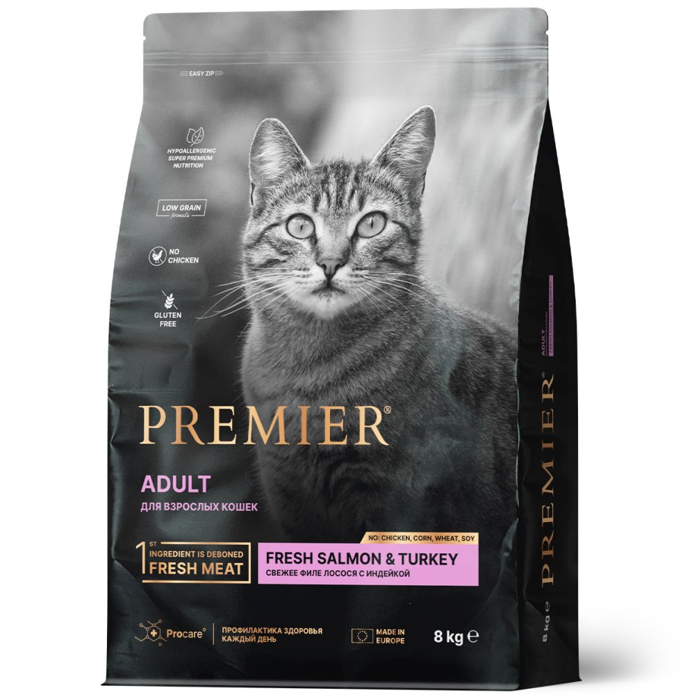 Premier Cat 8кг Salmon&Turkey Adult  (свежее филе лосося с индейкой для кошек) 