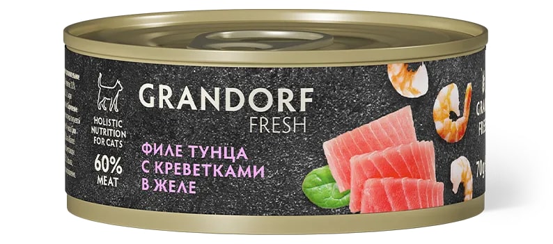 Консервы д/кошек GRANDORF Fresh Филе тунца с креветками в желе 70 гр