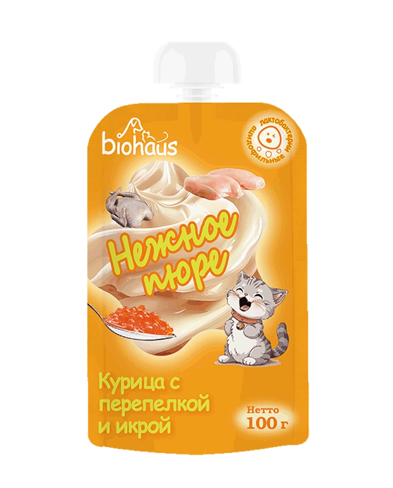 Лакомство для кошек "BIOHAUS" Нежное пюре Курица с перепелкой и икрой 100 гр
