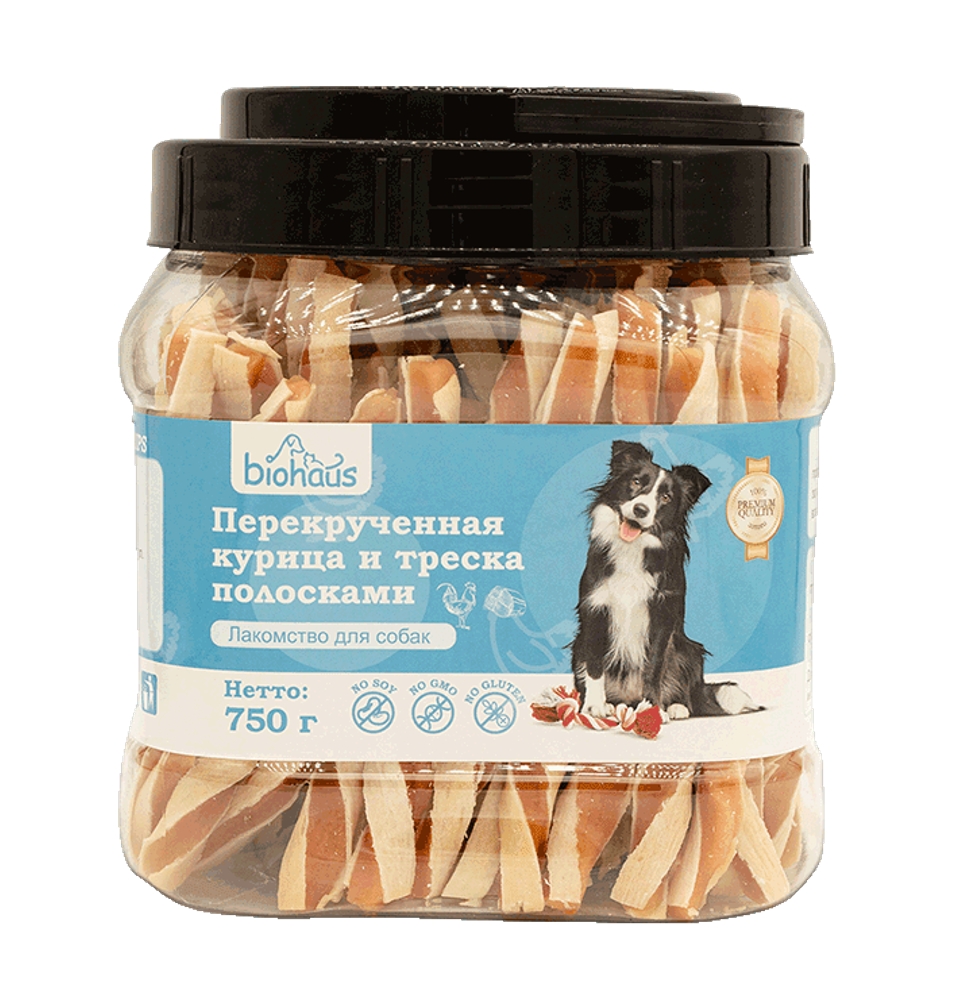 Лакомство для собак "BIOHAUS" Перекрученная курица и треска полосками 750 гр