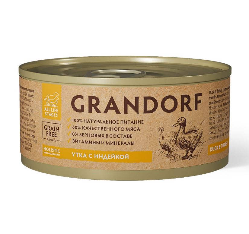 Консервы для собак GRANDORF  Duck&Turkey (Утка с индейкой) 185 гр