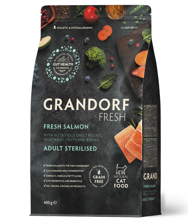GRANDORF Fresh 0,4кг Cat STERILISED Salmon&Sweet Potato (Свежее филе лосося с бататом д/стерил.кош)