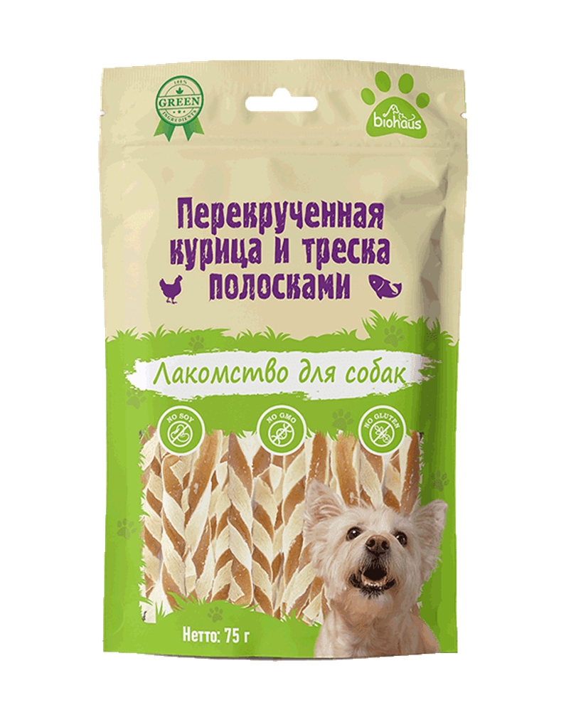 Лакомство для собак "BIOHAUS" Перекрученная курица и треска полосками 75 гр