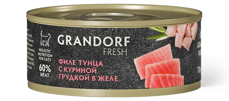 Консервы д/кошек GRANDORF Fresh Филе тунца с куриной грудкой в желе 70 гр