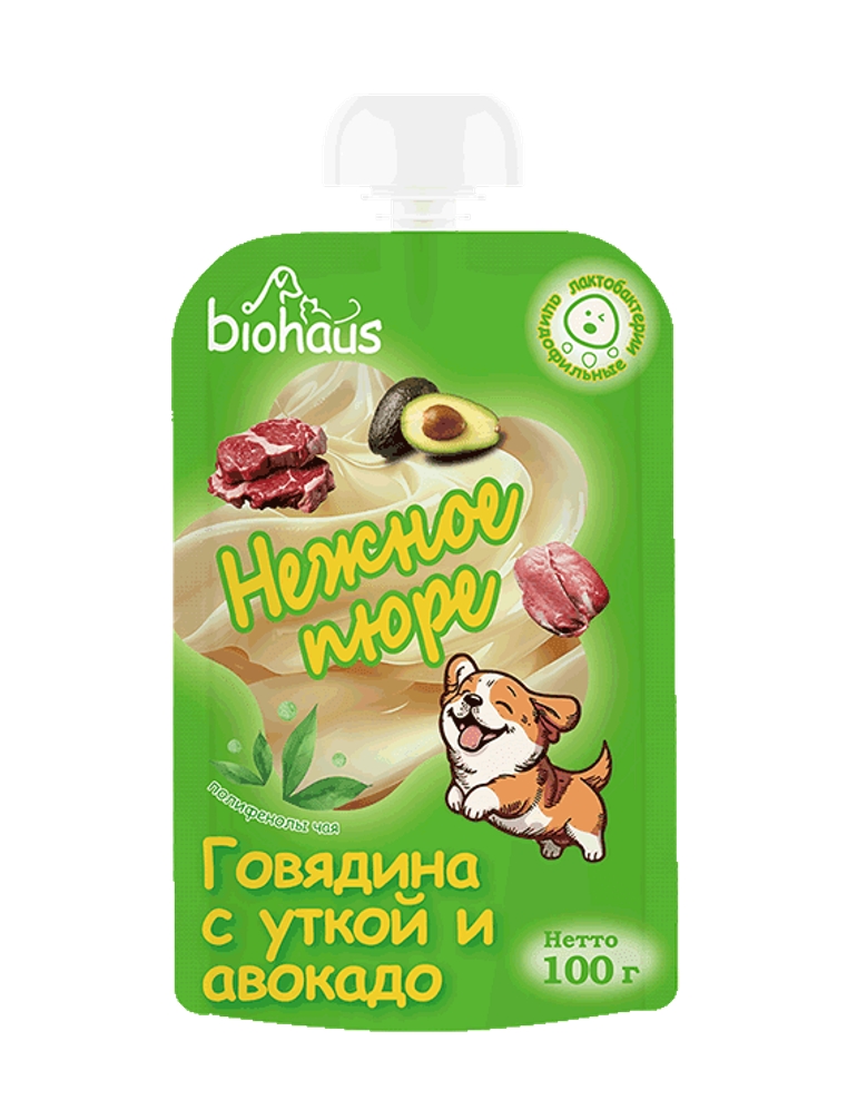 Лакомство для собак "BIOHAUS" Нежное пюре Говядина с уткой и авокадо 100 гр