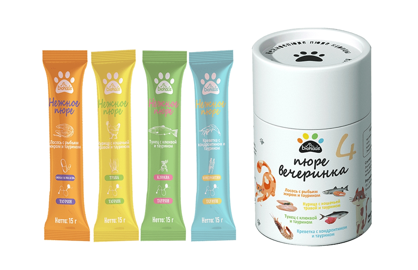 Лакомство для кошек "BIOHAUS" Пюре Микс: курица, лосось, тунец, креветка, таурин 600 гр