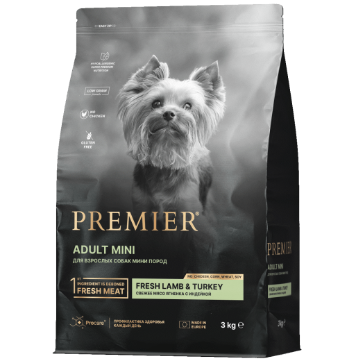 Premier Dog 3кг Lamb&Turkey Adult Mini (свежее мясо ягненка с индейкой для собак мелких пород)