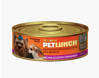 Petlunch 100г д/с рубленое мясо, мясное ассорти для щенков с олениной (крышка ключ)