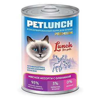 Petlunch 400г д/к мясное ассорти с олениной, кусочки в желе (крышка ключ)