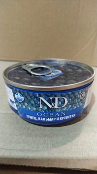 Корм влажный ND Cat OCEAN Tuna. Squid  & Shrimp / Тунец с кальмар и креветками для кошек 70г	